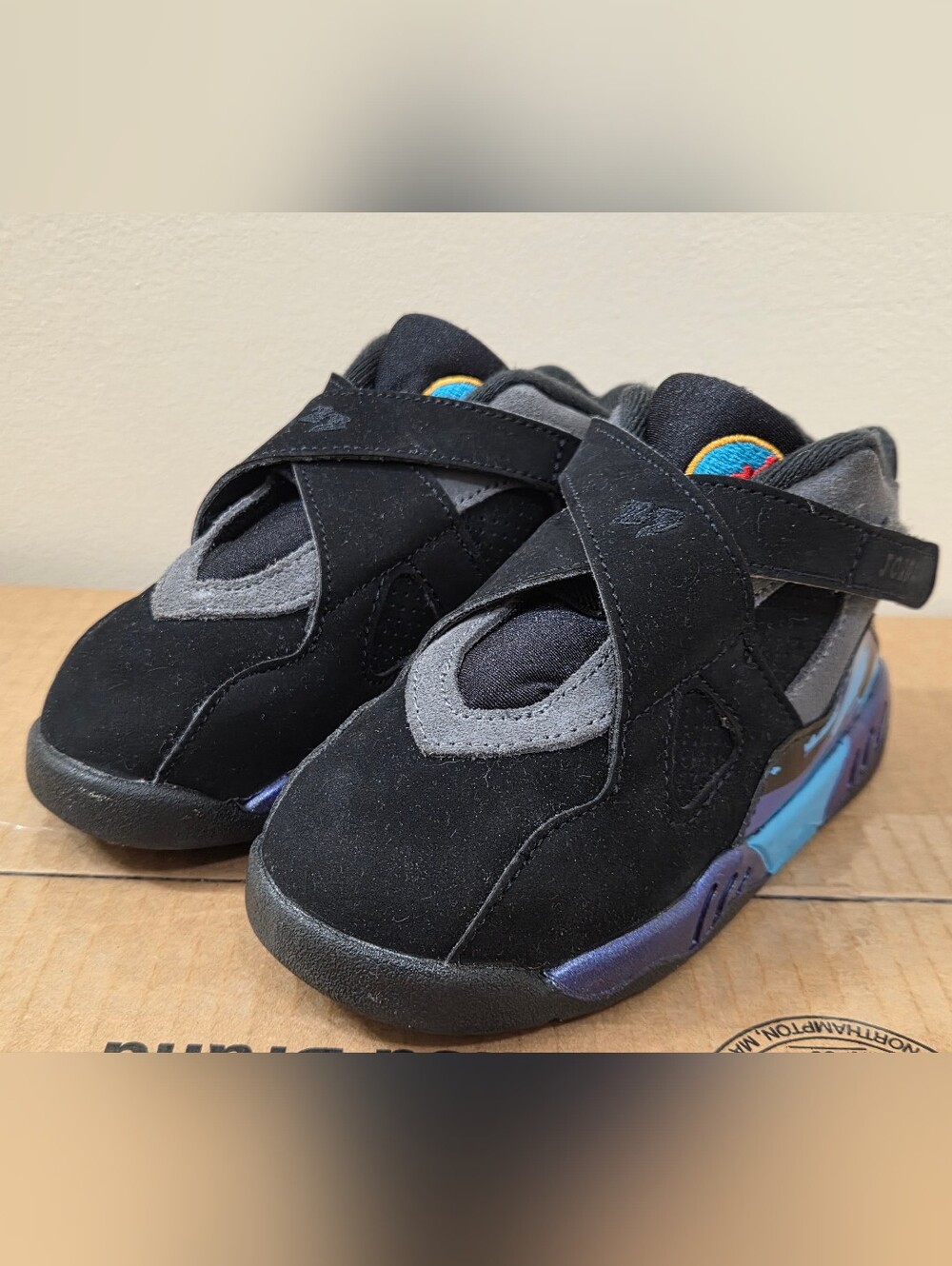 Nike Air Jordan 8 Aqua. Toddler Size 9c. Black/ Iron Grey/ Bright Concord/ Aqua.